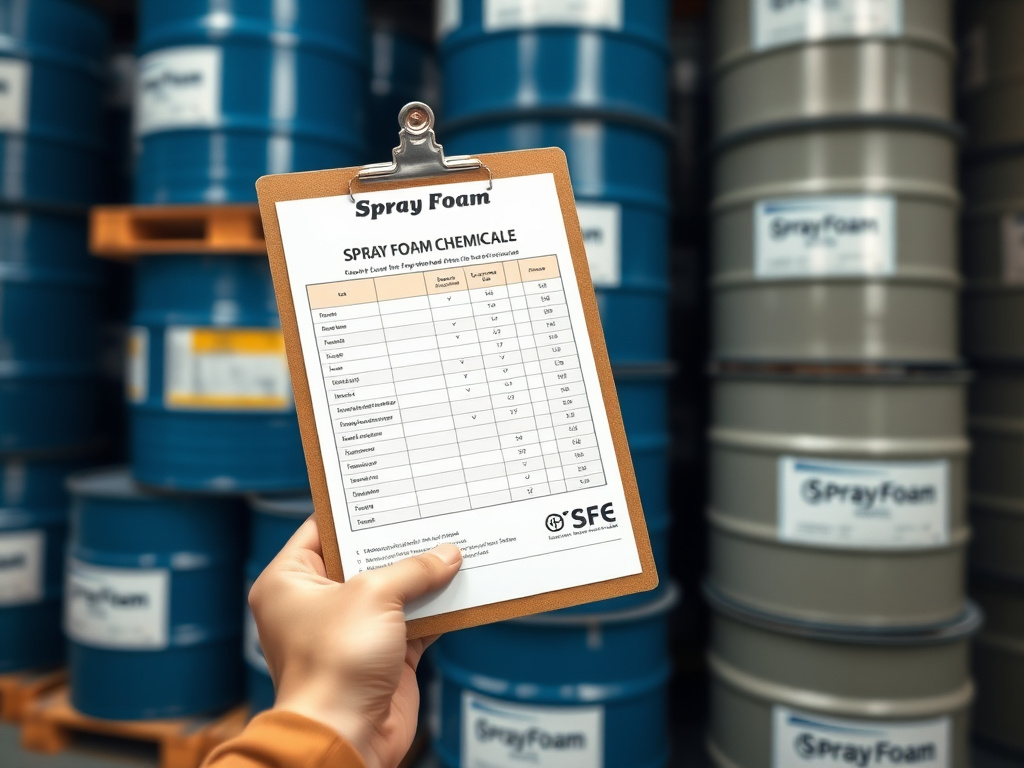 Cost comparison sheet on a clipboard in front of stacked spray foam chemical drums