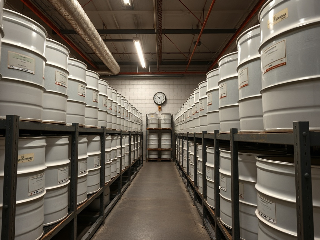 Climate-controlled drum storage room with spray foam chemical drums on steel racks