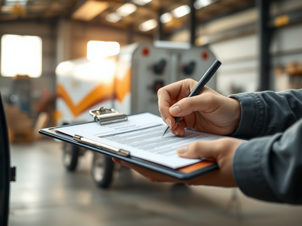 Contractor reviewing spray foam rig financing paperwork next to a trailer rig