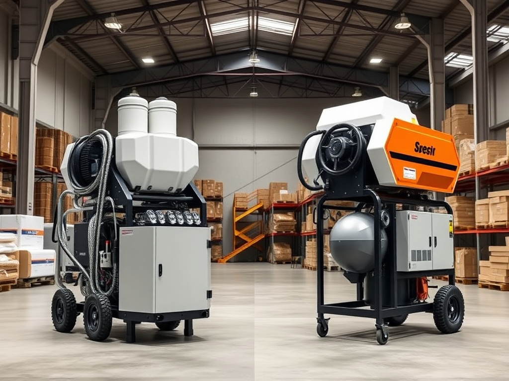 Two different spray foam proportioner brand machines positioned side by side