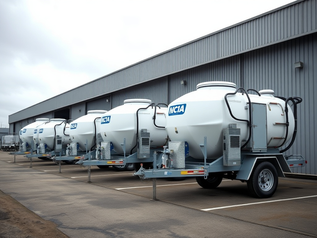 Spray foam rig trailers parked side by side in a distribution yard