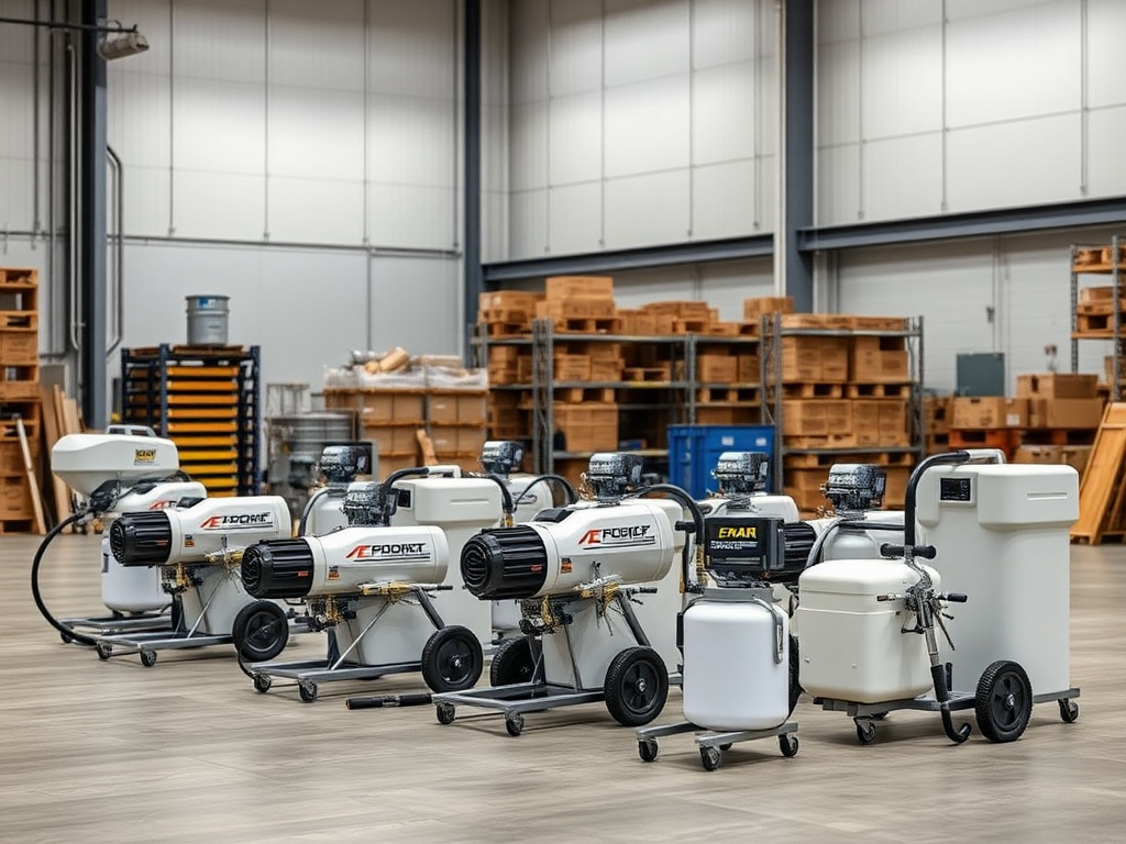 Lineup of spray foam equipment brand-name proportioner machines on a warehouse floor