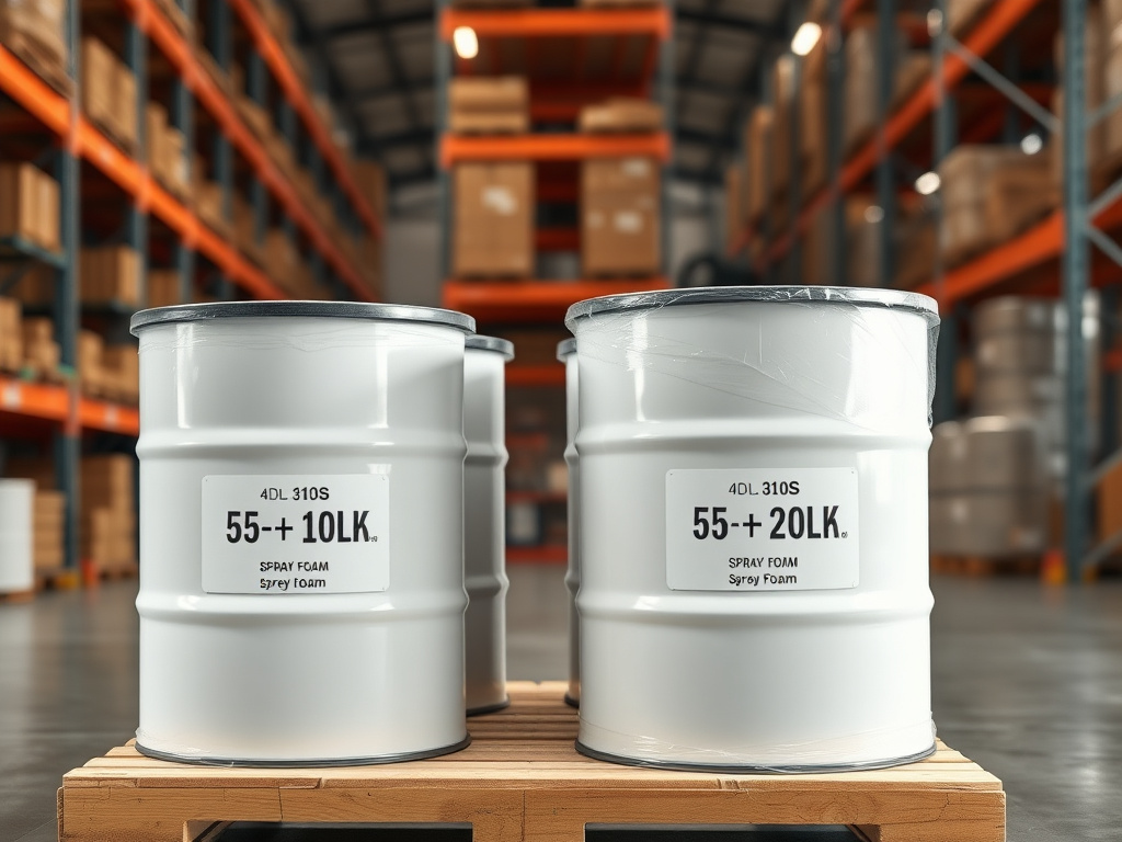 55-gallon A-side and B-side spray foam chemical drums on a pallet