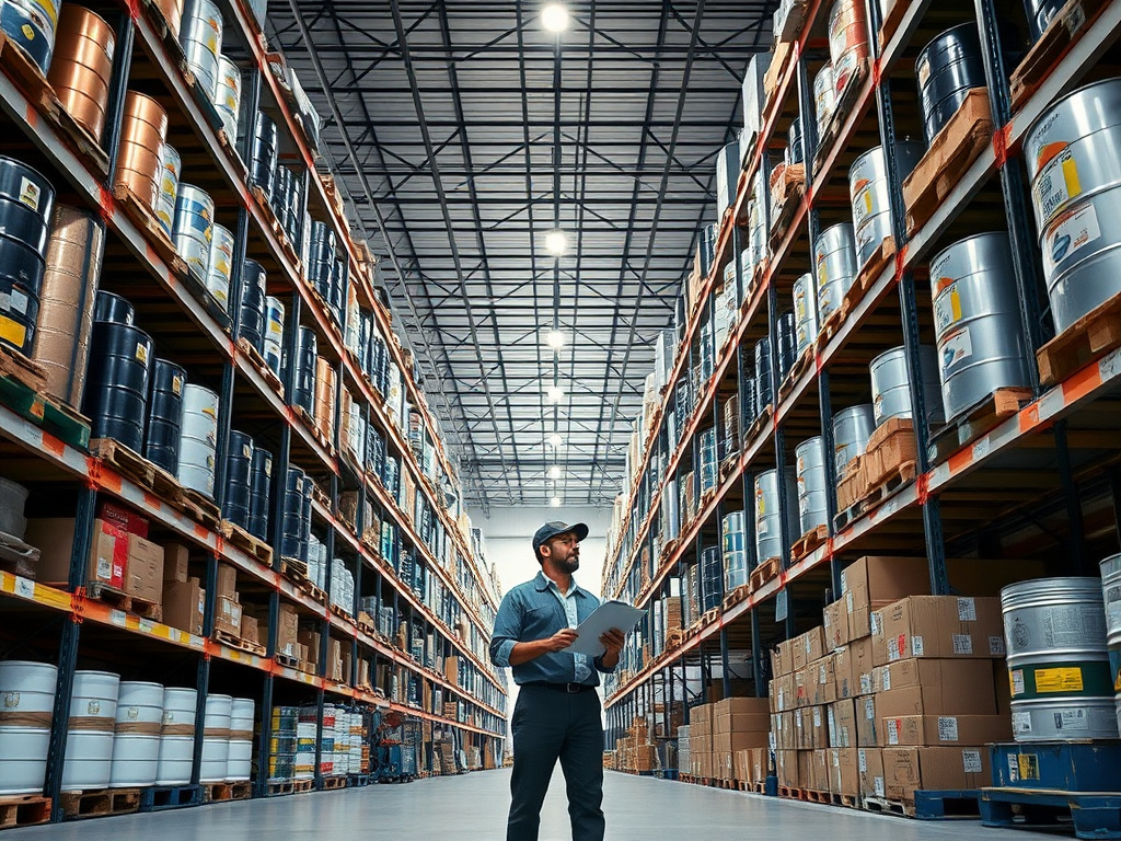 Warehouse interior with tall pallet racking of spray foam chemical drums and equipment