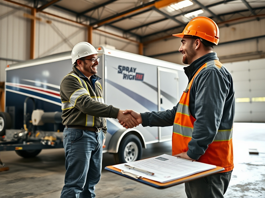 Contractor and sales rep shaking hands in front of a spray foam rig