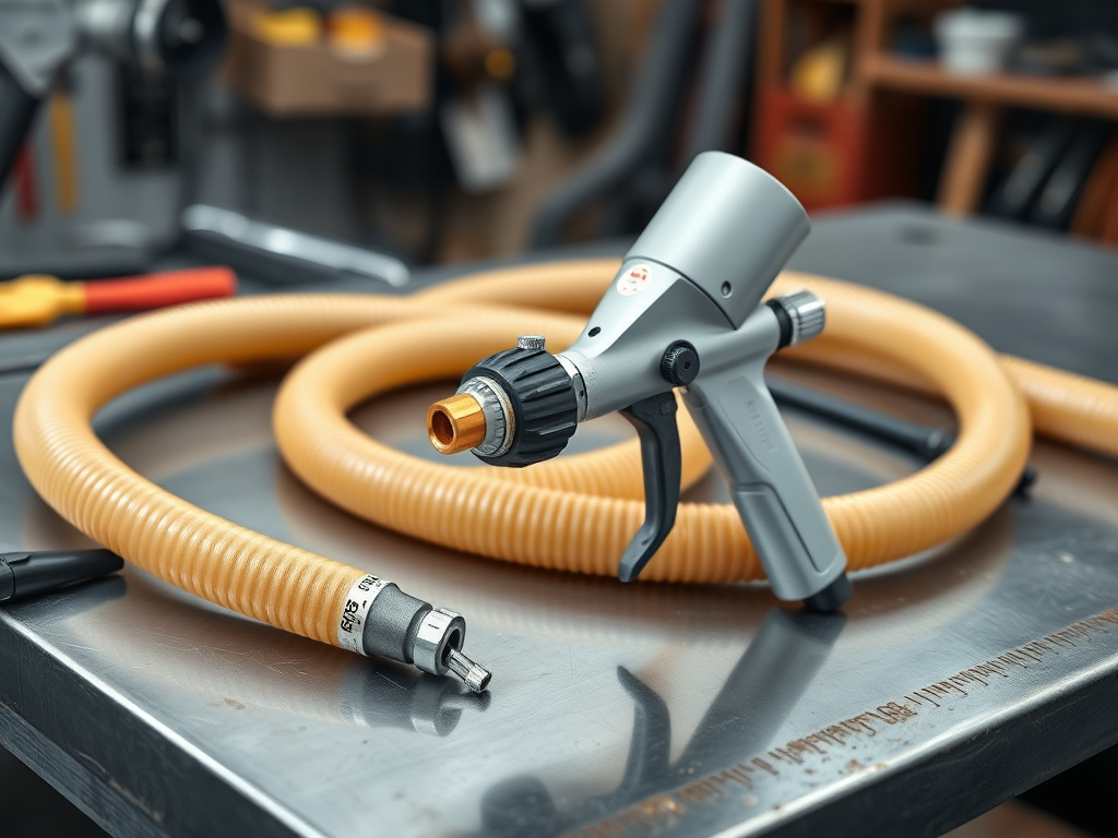 Spray foam applicator gun and heated hose on a workbench