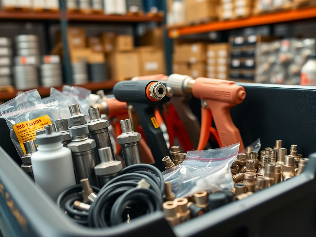 Organized parts bin with spray foam gun tips, mix chambers, and rebuild kits